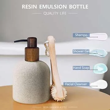 Asashizen 250ml Japanese Style Resin Soap Dispenser Bathroom, Easy to Fill Washing Up for Kitchen Sink, Refillable Shampoo and Conditioner Bottles with Wooden Pump