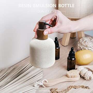 Asashizen 250ml Japanese Style Resin Soap Dispenser Bathroom, Easy to Fill Washing Up for Kitchen Sink, Refillable Shampoo and Conditioner Bottles with Wooden Pump