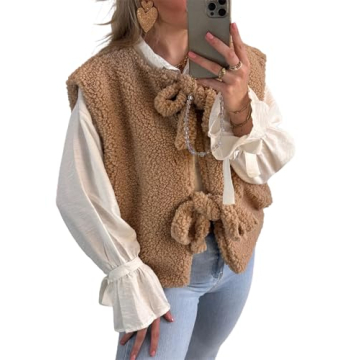 YEMOCILE Leopard Print Tie Front Fuzzy Fleece Vest for Women Oversized Sleeveless Sherpa Jacket Ligh...