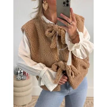 YEMOCILE Leopard Print Tie Front Fuzzy Fleece Vest for Women Oversized Sleeveless Sherpa Jacket Lightweight Warm Outerwear Brown