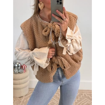 YEMOCILE Leopard Print Tie Front Fuzzy Fleece Vest for Women Oversized Sleeveless Sherpa Jacket Lightweight Warm Outerwear Brown