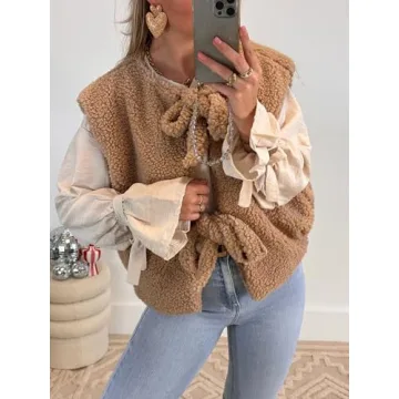 YEMOCILE Leopard Print Tie Front Fuzzy Fleece Vest for Women Oversized Sleeveless Sherpa Jacket Lightweight Warm Outerwear Brown