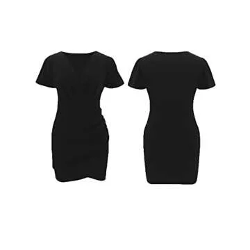 LYANER Women's Warp V Neck Ruched Short Sleeve Cocktail Bodycon T Shirt Mini Dress Solid Black Small