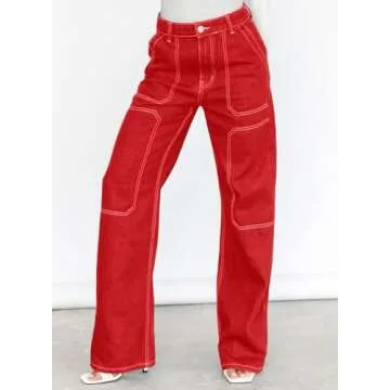 Dokotoo Women Casual High Waist Cargo Jeans Wide Leg Denim Pants Red Size 14