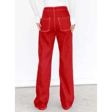 Dokotoo Women Casual High Waist Cargo Jeans Wide Leg Denim Pants Red Size 14