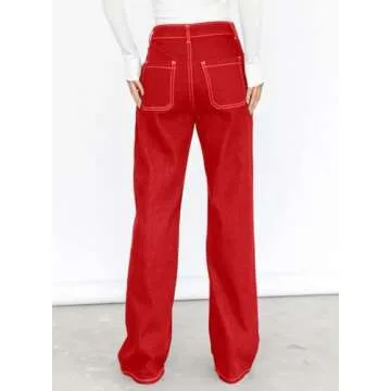 Dokotoo Women Casual High Waist Cargo Jeans Wide Leg Denim Pants Red Size 14