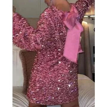 Lentta Women's Sequined Dress Petersham Ribbon Long Sleeve Party Night Out Club Festival Dresses(Pink-L)