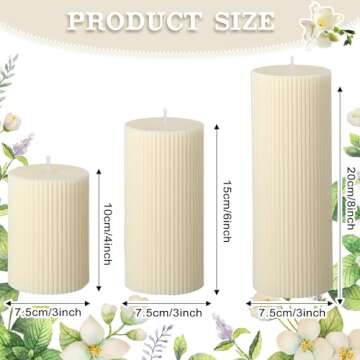 Conelist Ribbed Pillar Candles Set of 3, Width 3" High 4" 6" 8" Large Soy Wax Scented Pillar Candles Aesthetic Ribbed Modern Home Decor for Bathroom Living Room(Cream)
