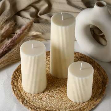 Conelist Ribbed Pillar Candles Set of 3, Width 3" High 4" 6" 8" Large Soy Wax Scented Pillar Candles Aesthetic Ribbed Modern Home Decor for Bathroom Living Room(Cream)