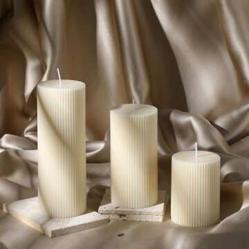 Conelist Ribbed Pillar Candles Set of 3, Width 3" High 4" 6" 8" Large Soy Wax Scented Pillar Candles Aesthetic Ribbed Modern Home Decor for Bathroom Living Room(Cream)