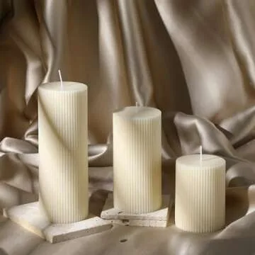 Conelist Ribbed Pillar Candles Set of 3, Width 3" High 4" 6" 8" Large Soy Wax Scented Pillar Candles Aesthetic Ribbed Modern Home Decor for Bathroom Living Room(Cream)