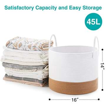 YOUDENOVA 16"W×14"H Woven Laundry Hamper with Long Handles, Decorative Cotton Rope Laundry Basket Organizer, Small Clothes Hamper for Living Room, Woven Storage Basket for Baby Toys, Brown
