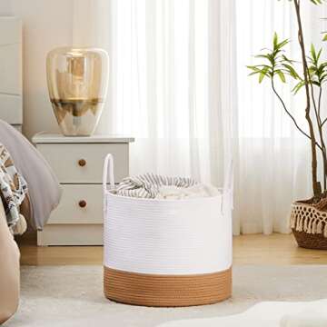 YOUDENOVA 16"W×14"H Woven Laundry Hamper with Long Handles, Decorative Cotton Rope Laundry Basket Organizer, Small Clothes Hamper for Living Room, Woven Storage Basket for Baby Toys, Brown