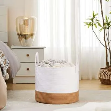 YOUDENOVA 16"W×14"H Woven Laundry Hamper with Long Handles, Decorative Cotton Rope Laundry Basket Organizer, Small Clothes Hamper for Living Room, Woven Storage Basket for Baby Toys, Brown