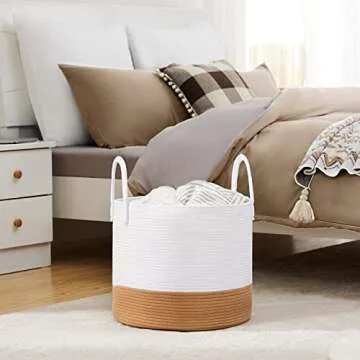 YOUDENOVA 16"W×14"H Woven Laundry Hamper with Long Handles, Decorative Cotton Rope Laundry Basket Organizer, Small Clothes Hamper for Living Room, Woven Storage Basket for Baby Toys, Brown