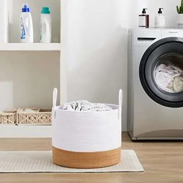 YOUDENOVA 16"W×14"H Woven Laundry Hamper with Long Handles, Decorative Cotton Rope Laundry Basket Organizer, Small Clothes Hamper for Living Room, Woven Storage Basket for Baby Toys, Brown