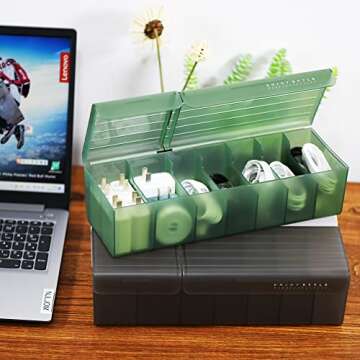 NJLJOM 2 Pack Plastic Cable Organizer Box with Ties and Tags, Charge Cable USB Cord, Electronic Accessories Organizer and Storage for Home, Office, Drawer Organizing, Desk Accessories (Black&Green)