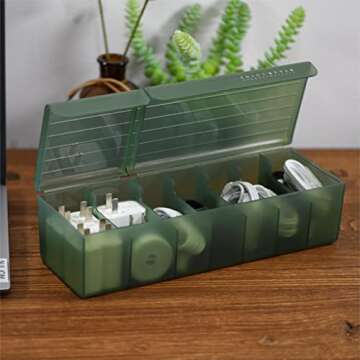 NJLJOM 2 Pack Plastic Cable Organizer Box with Ties and Tags, Charge Cable USB Cord, Electronic Accessories Organizer and Storage for Home, Office, Drawer Organizing, Desk Accessories (Black&Green)