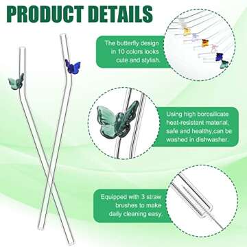 Meanplan 10 Pcs Cute Reusable Glass Straws with Design,8 mm x 7.9'' Shatter Resistant Colorful Butte...
