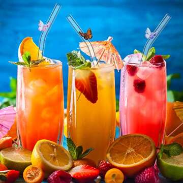 Meanplan 10 Pcs Cute Reusable Glass Straws with Design,8 mm x 7.9'' Shatter Resistant Colorful Butterfly Bow Clear Bent Glass Straw with Cleaning Brush for Drink Party Milkshakes Teas Cocktail Juice