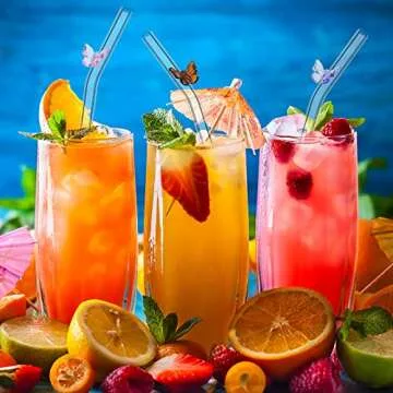 Meanplan 10 Pcs Cute Reusable Glass Straws with Design,8 mm x 7.9'' Shatter Resistant Colorful Butterfly Bow Clear Bent Glass Straw with Cleaning Brush for Drink Party Milkshakes Teas Cocktail Juice