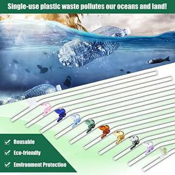 Meanplan 10 Pcs Cute Reusable Glass Straws with Design,8 mm x 7.9'' Shatter Resistant Colorful Butterfly Bow Clear Bent Glass Straw with Cleaning Brush for Drink Party Milkshakes Teas Cocktail Juice