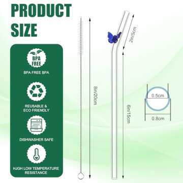 Meanplan 10 Pcs Cute Reusable Glass Straws with Design,8 mm x 7.9'' Shatter Resistant Colorful Butterfly Bow Clear Bent Glass Straw with Cleaning Brush for Drink Party Milkshakes Teas Cocktail Juice