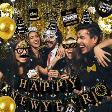 MOVINPE New Years Eve Party Supplies 2025 Serve 20 - Happy New Year Decorations Kit, Banner Cone Hats Tiaras Foil Fringe Curtain Hanging Swirls Squawkers Blowouts Number Balloons Photo Booth Props