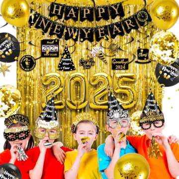 MOVINPE New Years Eve Party Supplies 2025 Serve 20 - Happy New Year Decorations Kit, Banner Cone Hats Tiaras Foil Fringe Curtain Hanging Swirls Squawkers Blowouts Number Balloons Photo Booth Props