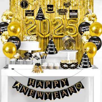 MOVINPE New Years Eve Party Supplies 2025 Serve 20 - Happy New Year Decorations Kit, Banner Cone Hats Tiaras Foil Fringe Curtain Hanging Swirls Squawkers Blowouts Number Balloons Photo Booth Props