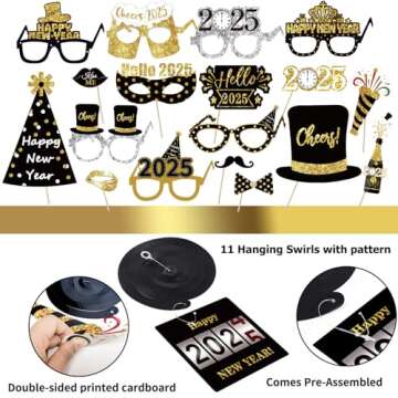 MOVINPE New Years Eve Party Supplies 2025 Serve 20 - Happy New Year Decorations Kit, Banner Cone Hats Tiaras Foil Fringe Curtain Hanging Swirls Squawkers Blowouts Number Balloons Photo Booth Props