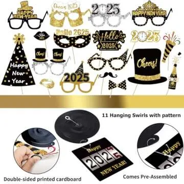 MOVINPE New Years Eve Party Supplies 2025 Serve 20 - Happy New Year Decorations Kit, Banner Cone Hats Tiaras Foil Fringe Curtain Hanging Swirls Squawkers Blowouts Number Balloons Photo Booth Props