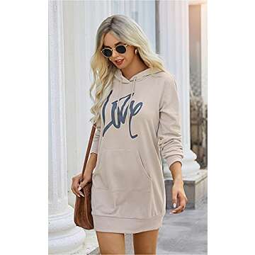 PRETTYGARDEN Womens Hooded Sweatshirt Drawstring Lightweight Long Sleeve Pullover Hoodie Dress With Pockets (Apricot, Large)