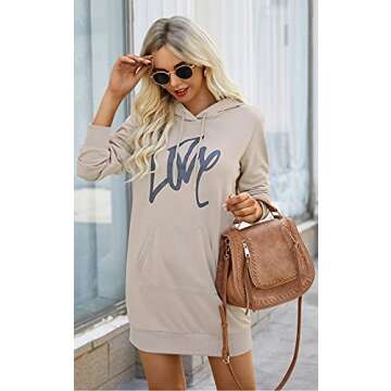 PRETTYGARDEN Womens Hooded Sweatshirt Drawstring Lightweight Long Sleeve Pullover Hoodie Dress With Pockets (Apricot, Large)