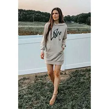 PRETTYGARDEN Womens Hooded Sweatshirt Drawstring Lightweight Long Sleeve Pullover Hoodie Dress With Pockets (Apricot, Large)