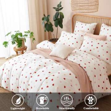 Bildenly Heart Duvet Cover Set Queen Size Red Pink Hearts Bedding Set with 2 Pillowcases 3Pcs Kids Cute Kawaii Heart-Shaped Pattern Reversible Soft Microfiber Comforter Cover for Girls Women