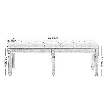 GOOLON French Bench Rectangle Ottoman Upholstered Padded Bench End of Bed Ottoman Button Tufted with Carved Wood, for Bedroom Entryway Living Room Dining Room, Beige