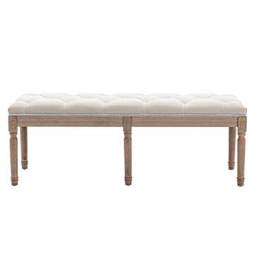 GOOLON French Bench Rectangle Ottoman Upholstered Padded Bench End of Bed Ottoman Button Tufted with Carved Wood, for Bedroom Entryway Living Room Dining Room, Beige