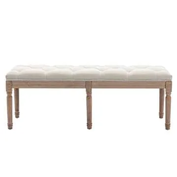 GOOLON French Bench Rectangle Ottoman Upholstered Padded Bench End of Bed Ottoman Button Tufted with Carved Wood, for Bedroom Entryway Living Room Dining Room, Beige