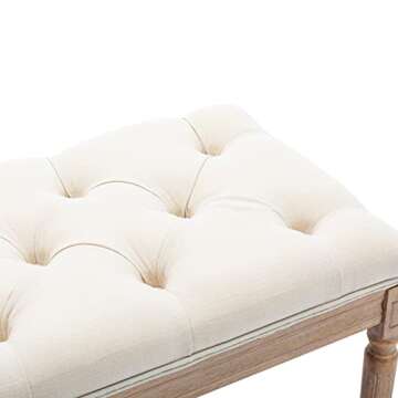 GOOLON French Bench Rectangle Ottoman Upholstered Padded Bench End of Bed Ottoman Button Tufted with Carved Wood, for Bedroom Entryway Living Room Dining Room, Beige