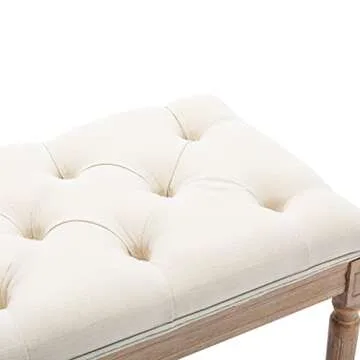 GOOLON French Bench Rectangle Ottoman Upholstered Padded Bench End of Bed Ottoman Button Tufted with Carved Wood, for Bedroom Entryway Living Room Dining Room, Beige