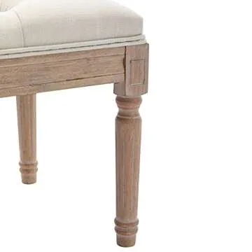 GOOLON French Bench Rectangle Ottoman Upholstered Padded Bench End of Bed Ottoman Button Tufted with Carved Wood, for Bedroom Entryway Living Room Dining Room, Beige