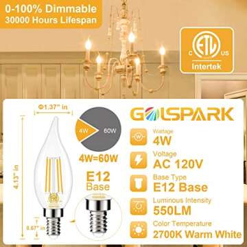 GOLSPARK E12 LED Bulb Dimmable 60 Watt Equivalent 10 Pack, 2700K Warm White Type B E12 Candelabra LED Light Bulbs, B11 Candle LED Chandelier Light Bulbs for Ceiling Fan, Clear Glass, Flame Tip, 550LM