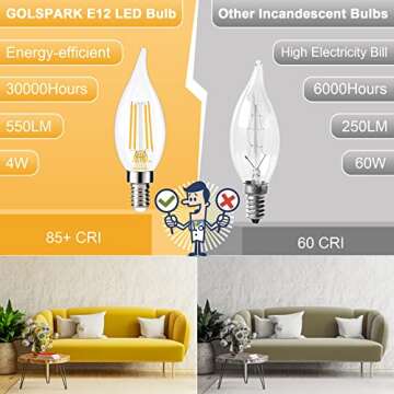 GOLSPARK E12 LED Bulb Dimmable 60 Watt Equivalent 10 Pack, 2700K Warm White Type B E12 Candelabra LED Light Bulbs, B11 Candle LED Chandelier Light Bulbs for Ceiling Fan, Clear Glass, Flame Tip, 550LM