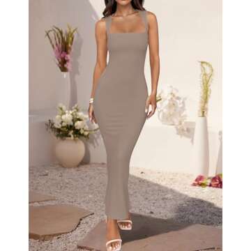 ZESICA Women's Summer Bodycon Midi Dress Sleeveless Square Neck Slim Fit Back Slit Long Cocktail Par...