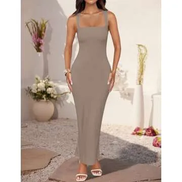 ZESICA Women's Summer Bodycon Midi Dress Sleeveless Square Neck Slim Fit Back Slit Long Cocktail Party Dresses,Dark Khaki,Small