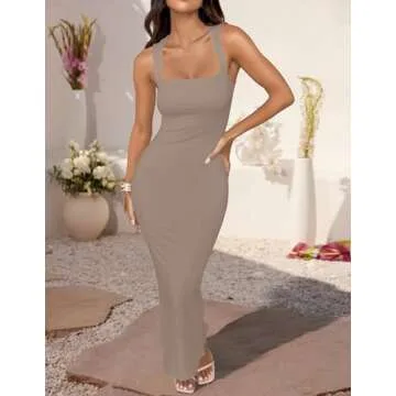 ZESICA Women's Summer Bodycon Midi Dress Sleeveless Square Neck Slim Fit Back Slit Long Cocktail Party Dresses,Dark Khaki,Small
