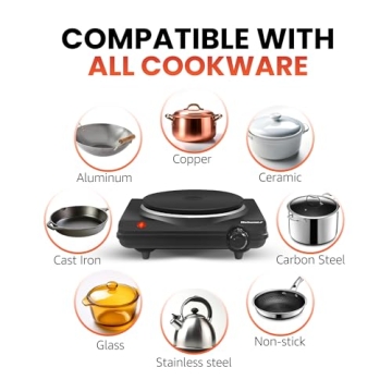 Elite Gourmet ESB-301BF Countertop Single Cast Iron Burner, 1000 Watts Electric Hot Plate, Temperature Controls, Power Indicator Lights, Easy to Clean, Black