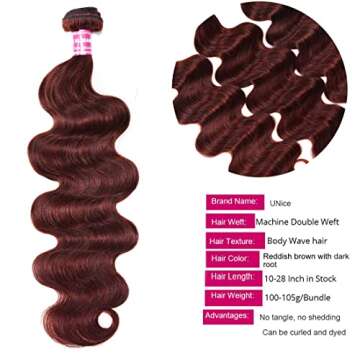 UNICE Reddish Brown Body Wave Human Hair Weave 3 Bundles 16 18 20 inch, Brazilian Remy Hair Auburn Brown Copper Red Human Hair Wavy Weaves for Sew in Extensions 33B Color