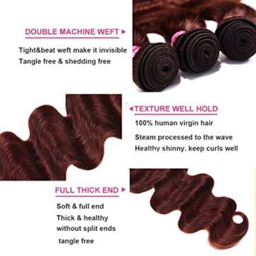 UNICE Reddish Brown Body Wave Human Hair Weave 3 Bundles 16 18 20 inch, Brazilian Remy Hair Auburn Brown Copper Red Human Hair Wavy Weaves for Sew in Extensions 33B Color